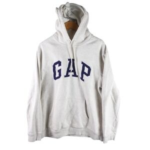 GAP Mens Logo Pullover Hoodie Oatmeal Cream Navy Blue XL Fleece Sweatshirt